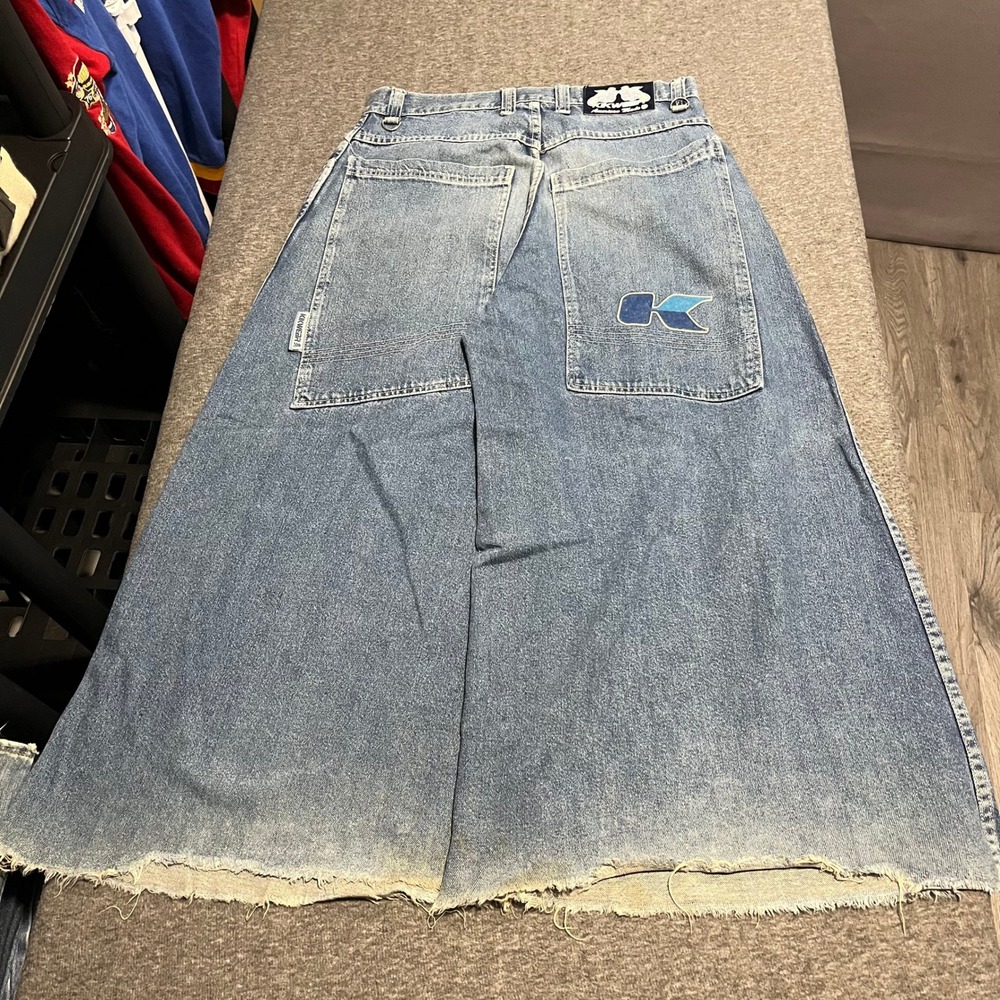 Vintage Kikwear Wide Leg Baggy Jeans 90s Rave Skater Blue Denim 38x25 Raw Hem